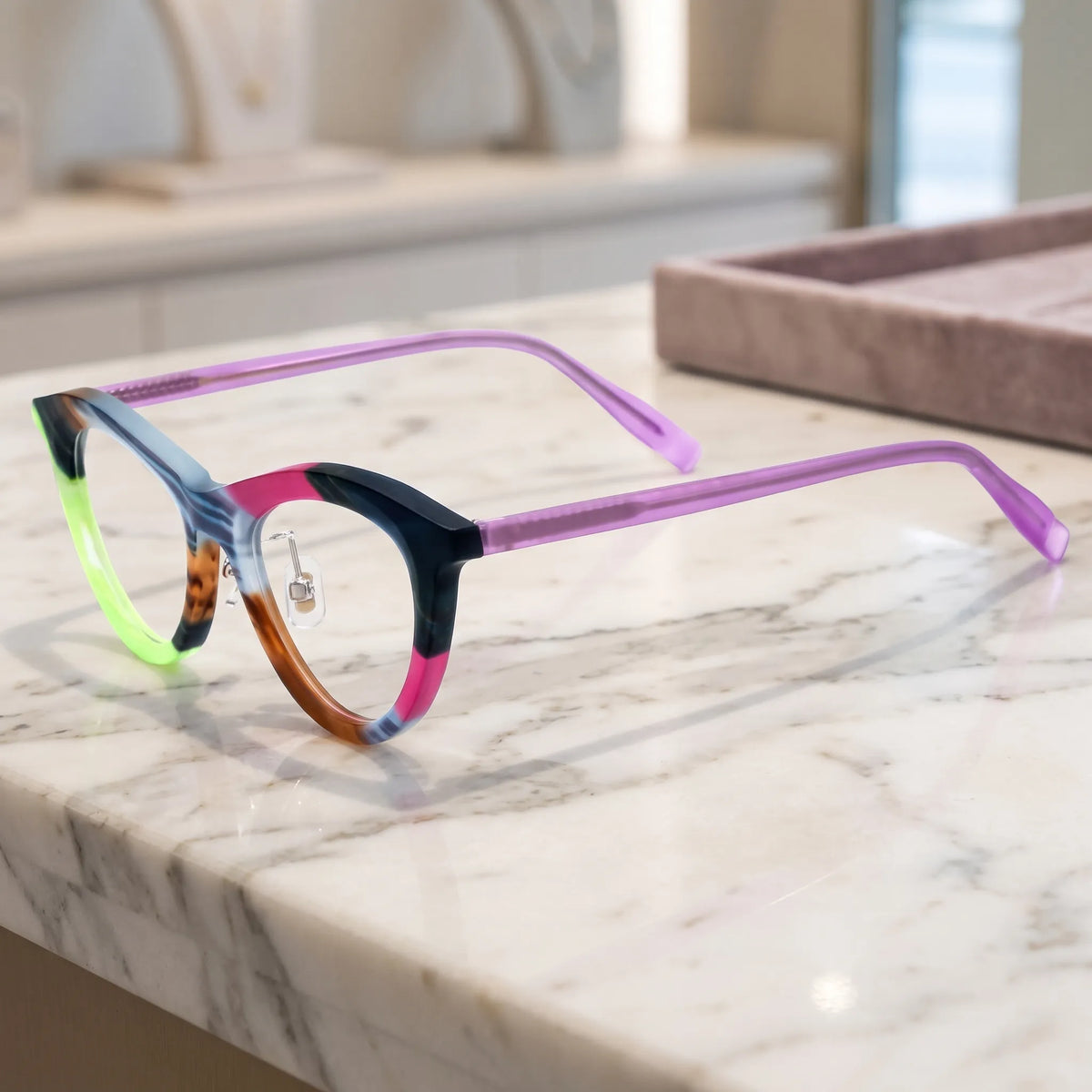 Barledear Neon Smoke Mosaic cat-eye acetate eyeglasses angled side view showing the patterned frame and translucent purple temples