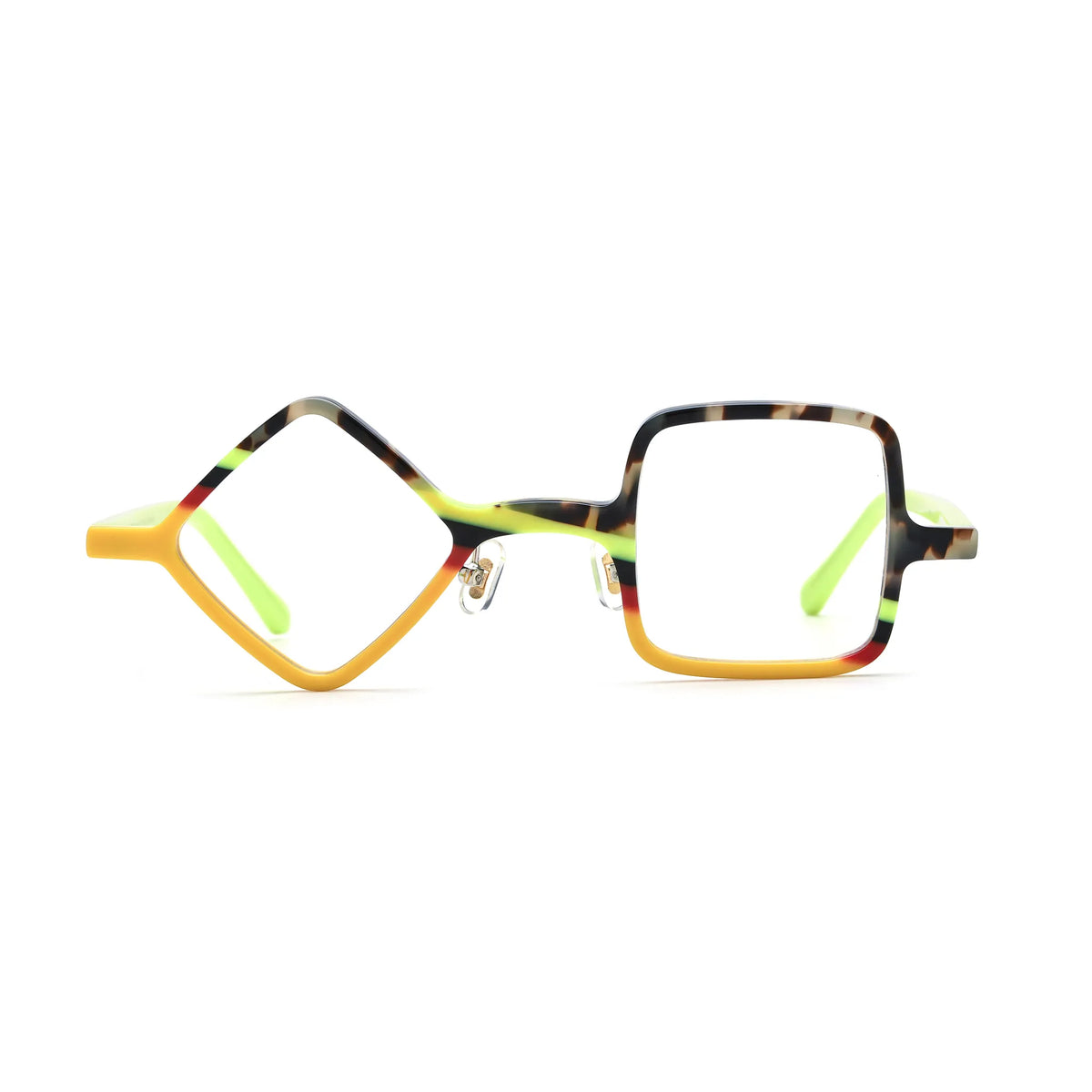 Barledear Neon Tortoise asymmetric geometric acetate eyeglasses front view with yellow and tortoiseshell patterns, neon-lime accents, and mismatched lens shapes.
