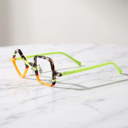 Barledear Neon Tortoise asymmetric geometric acetate eyeglasses angled side view showing the yellow tortoiseshell frame, metal hinges, and bright lime temples.