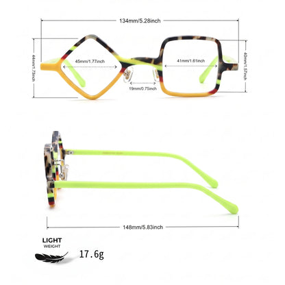 Barledear Neon Tortoise eyeglasses size chart with 134 mm frame width, 45 mm left lens width, 44 mm left lens height, 41 mm right lens width, 40 mm right lens height, 19 mm bridge, 148 mm temples, and 17.6 g weight.