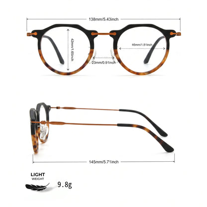 Barledear Noir Amber eyeglasses size chart with 138mm frame width 46mm lens width 42mm lens height 23mm bridge and 145mm temple measurements