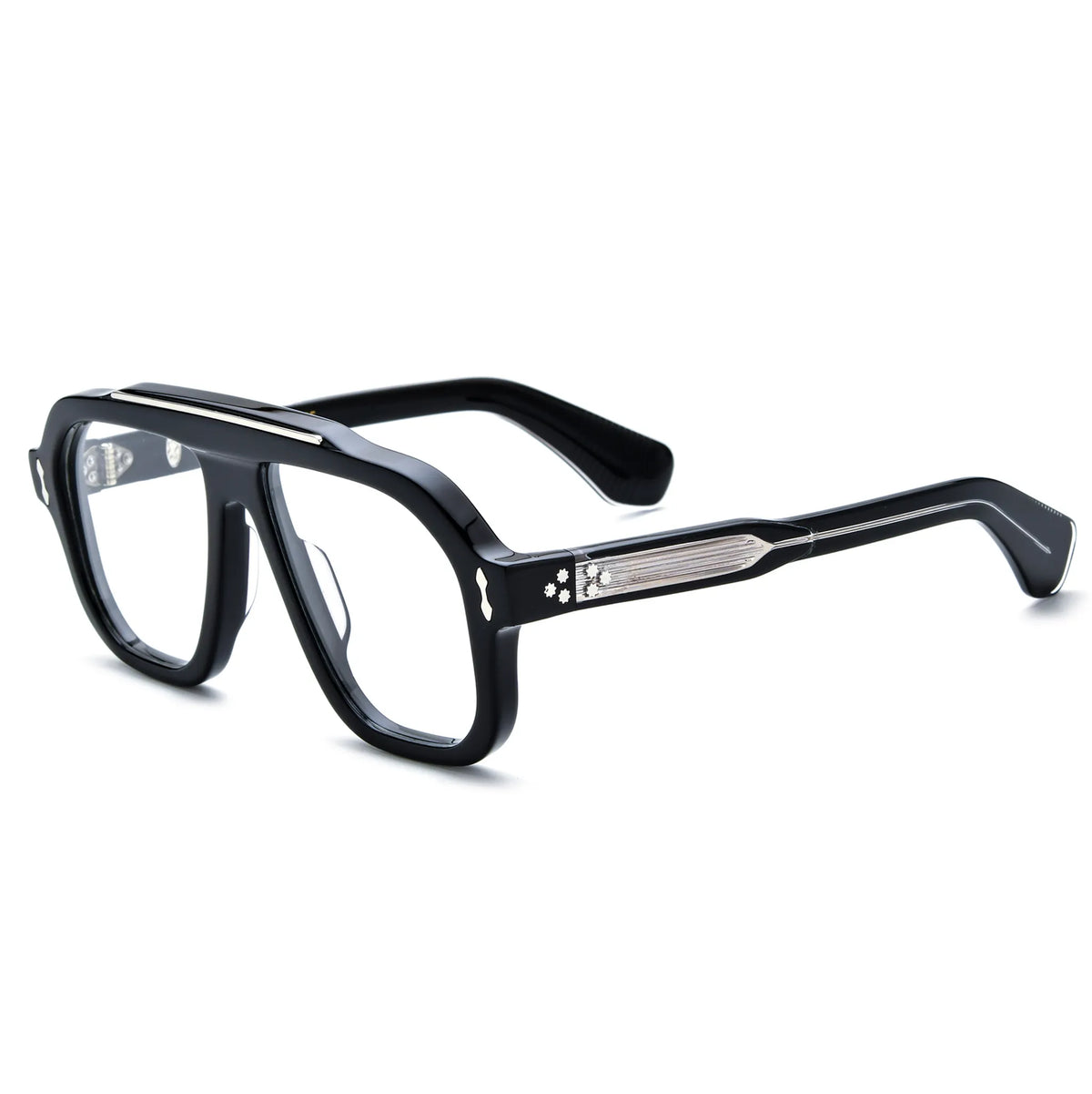 Barledear Obsidian Black eyeglasses angled side view showing polished black temples, silver-tone linear inlays and metal screw hinges