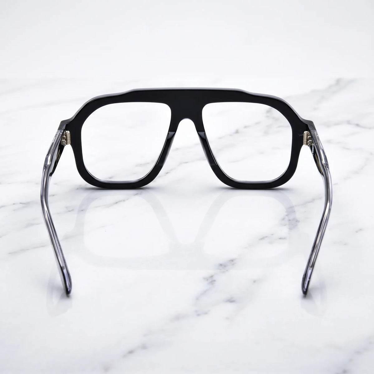 Barledear Obsidian Black eyeglasses back view showing the full-rim square aviator structure, integrated nose pads and sculpted black temples