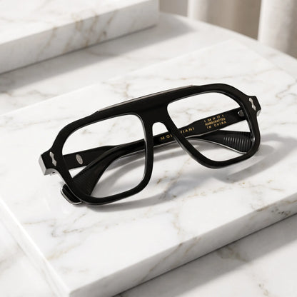 Barledear Obsidian Black eyeglasses folded display showing the thick acetate frame, black temples and silver-tone decorative inlays