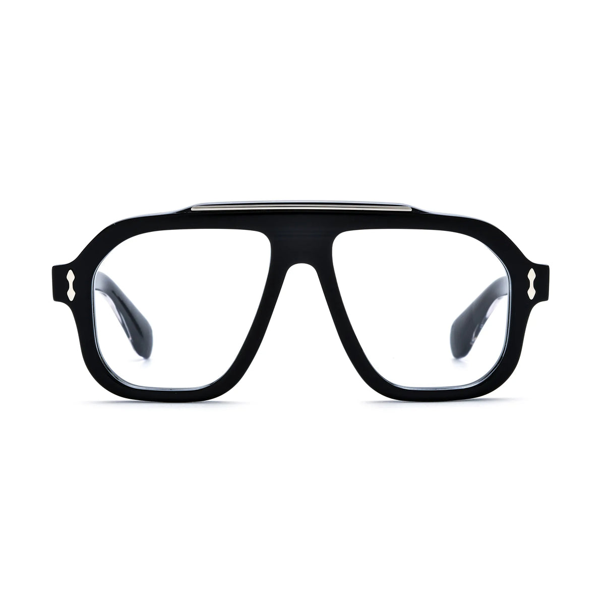 Barledear Obsidian Black square aviator acetate eyeglasses front view with solid black frame and silver-tone metal brow accent