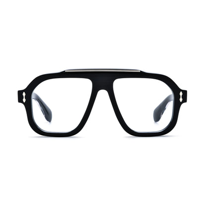 Barledear Obsidian Black square aviator acetate eyeglasses front view with solid black frame and silver-tone metal brow accent
