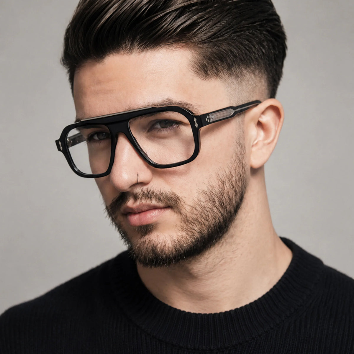 Adult model wearing Barledear Obsidian Black square aviator acetate eyeglasses for a bold monochrome statement look