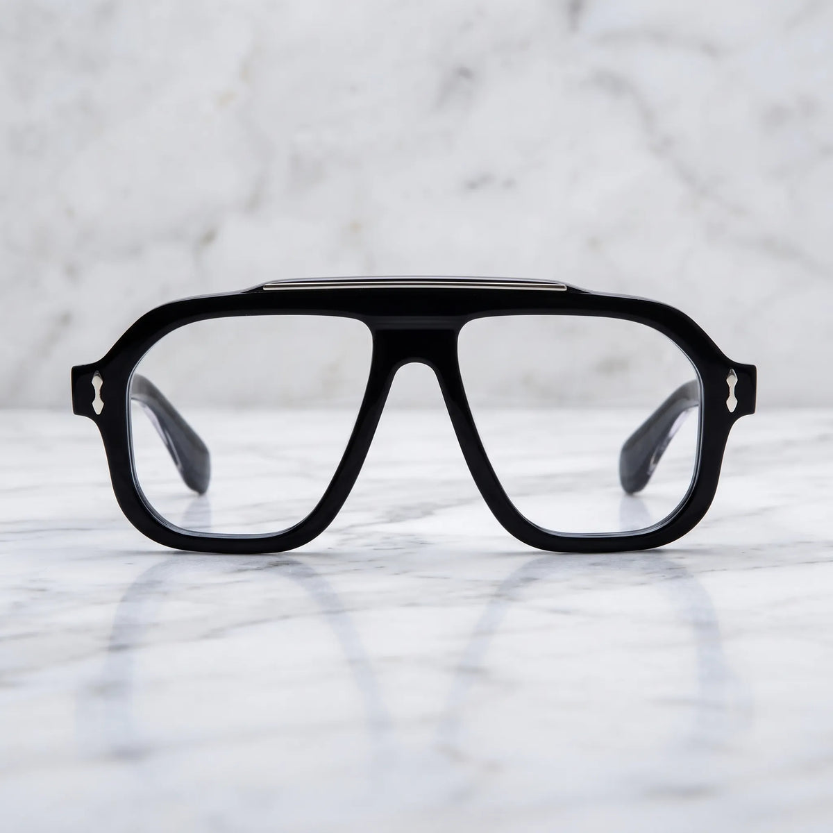 Barledear Obsidian Black square aviator acetate eyeglasses displayed in a clean lifestyle front view with polished solid black finish