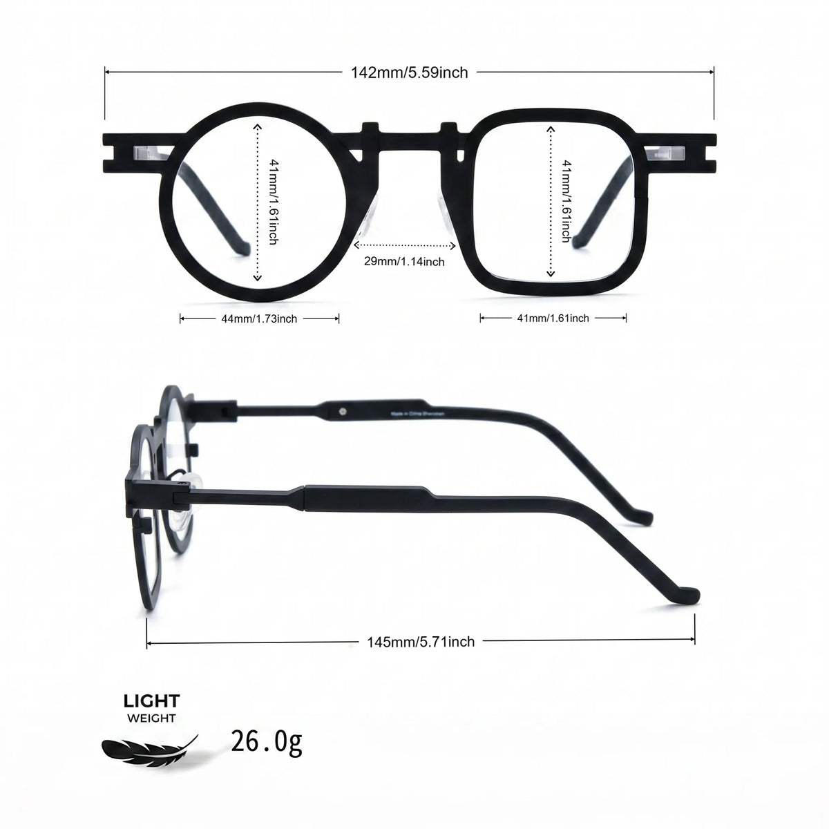 Barledear Obsidian Black eyeglasses size chart showing 142mm frame width, 44mm left lens width, 41mm right lens width, 41mm lens height, 29mm bridge, and 145mm temple