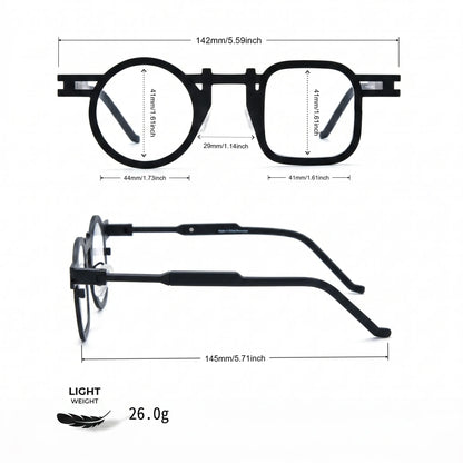 Barledear Obsidian Black eyeglasses size chart showing 142mm frame width, 44mm left lens width, 41mm right lens width, 41mm lens height, 29mm bridge, and 145mm temple