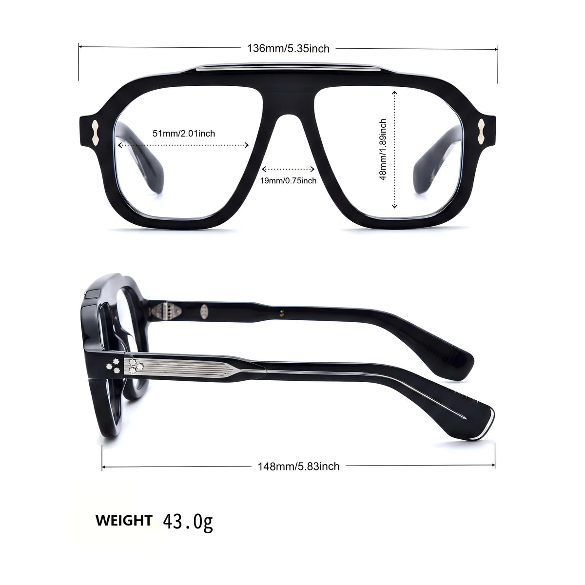 Barledear Obsidian Black eyeglasses size chart showing 136 mm frame width, 51 mm lens width, 48 mm lens height, 19 mm bridge, 148 mm temple length and 43 g weight