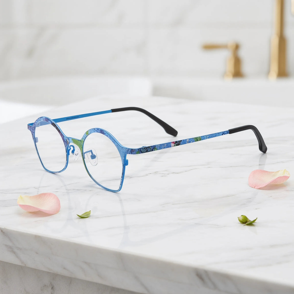 Barledear Ocean Bloom Blue eyeglasses angled side view showing slim temples and adjustable nose pads