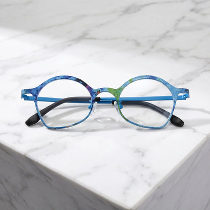 Barledear Ocean Bloom Blue eyeglasses folded display showing patterned titanium frame and slim temples