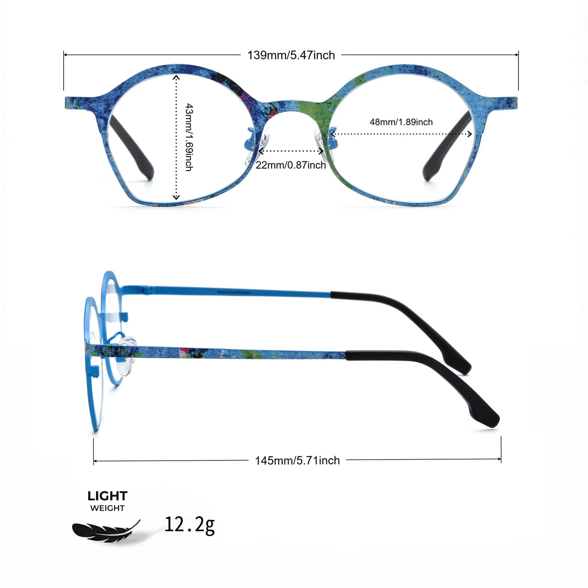 Barledear Ocean Bloom Blue eyeglasses size chart with 139mm frame width 48mm lens width 43mm frame height 22mm bridge and 145mm temple length