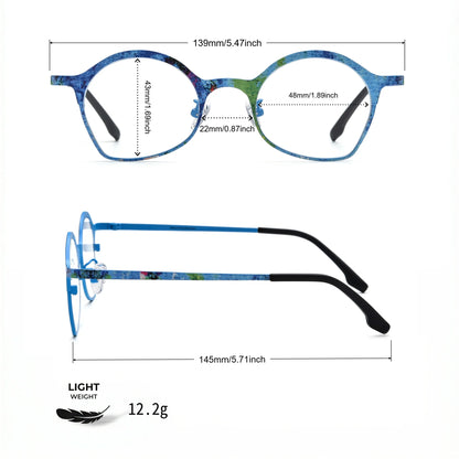 Barledear Ocean Bloom Blue eyeglasses size chart with 139mm frame width 48mm lens width 43mm frame height 22mm bridge and 145mm temple length