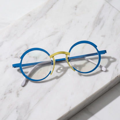 Barledear Ocean Blue Sunshine Yellow eyeglasses folded display showing the lightweight full-rim structure, slim titanium temples, and temple-tip details