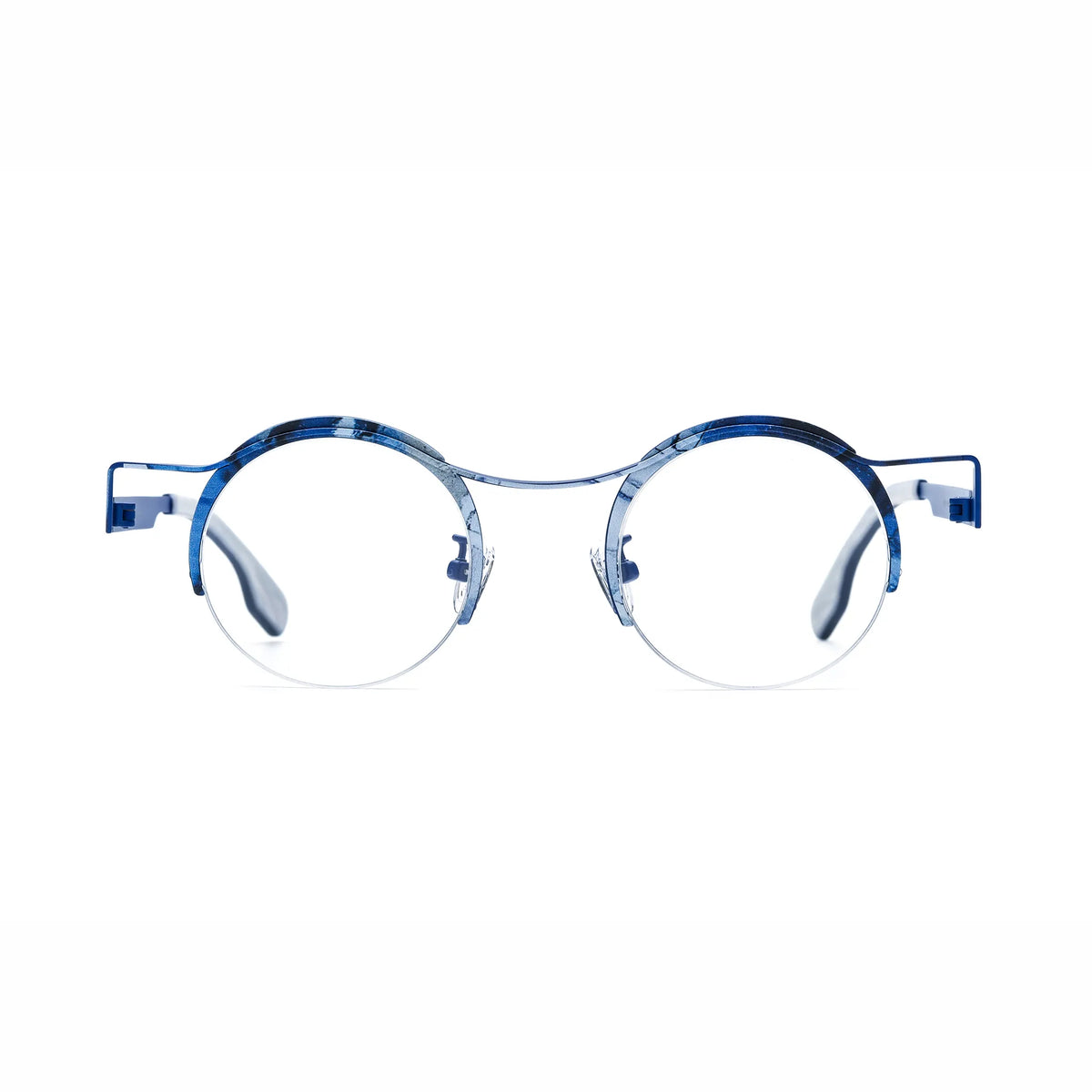 Barledear Ocean Marble eyeglasses front view with lightweight round pure titanium semi-rimless frame and blue artistic accents