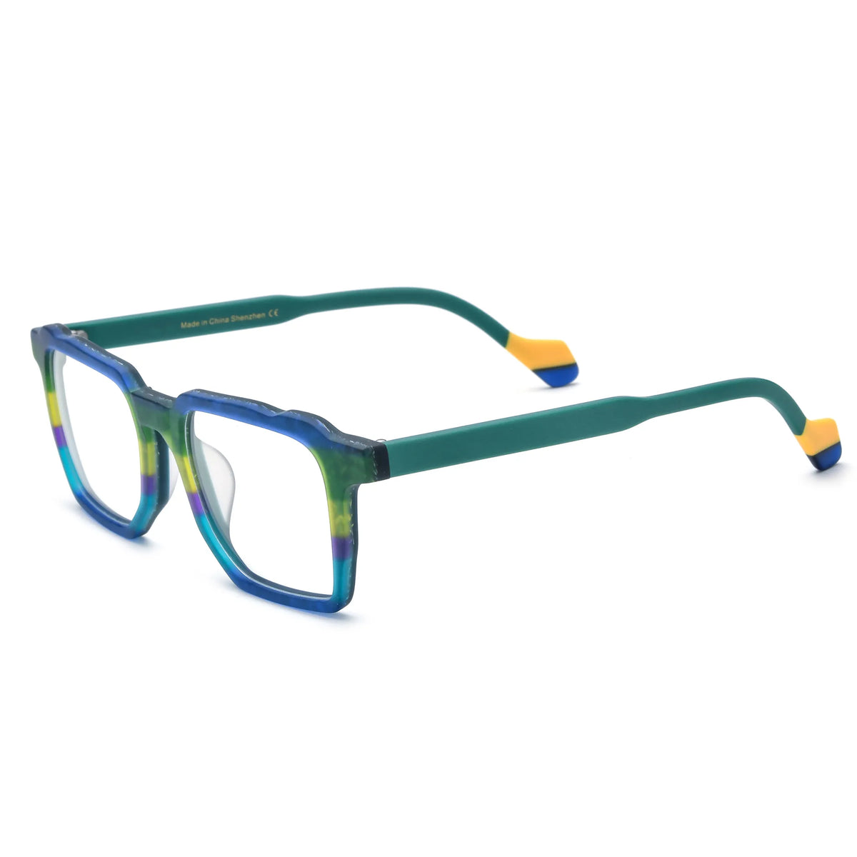 Barledear Ocean Meadow eyeglasses angled side view showing solid green temples and yellow blue temple tips