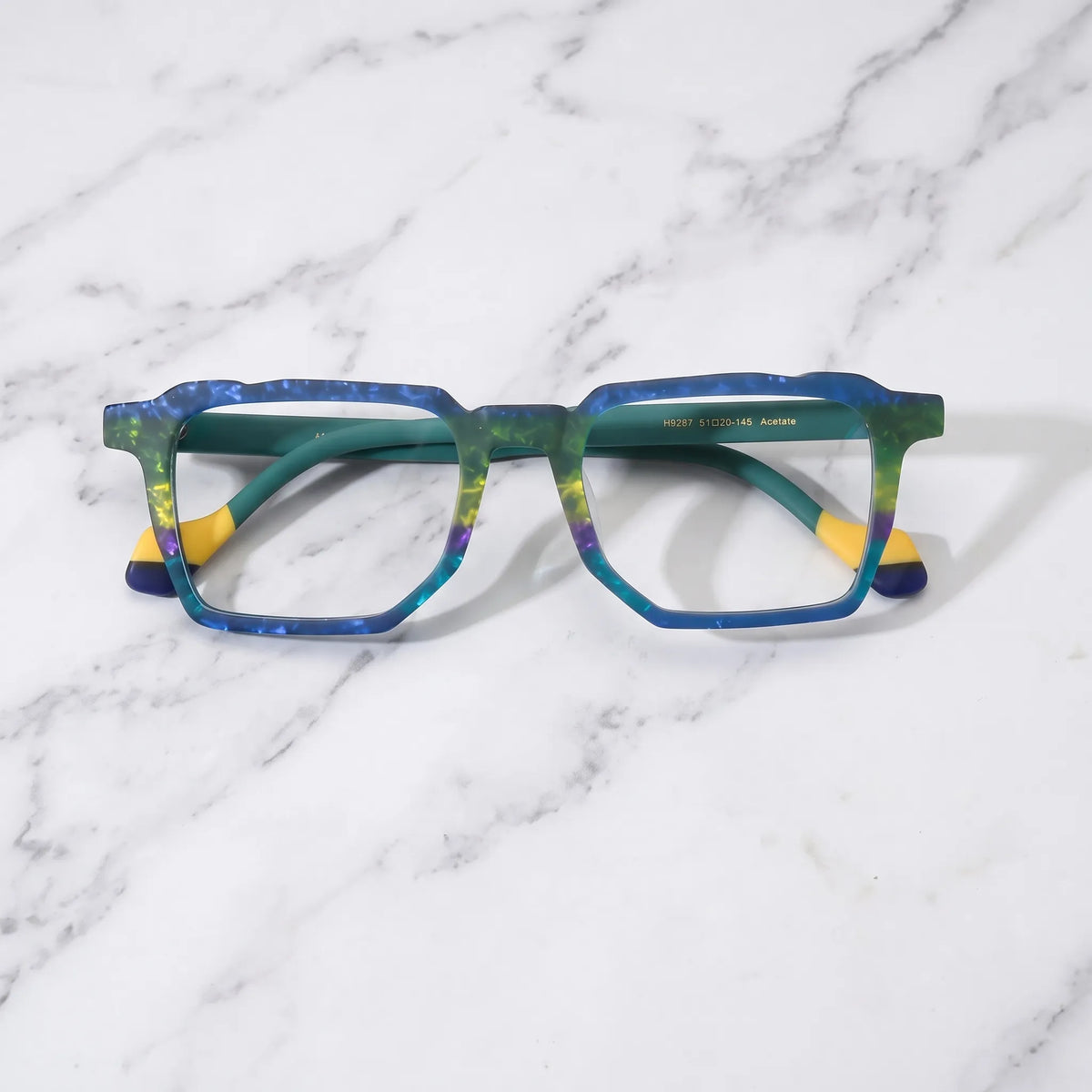 Barledear Ocean Meadow eyeglasses folded display showing the patterned acetate front and green temple design