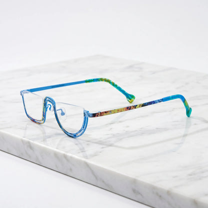 Barledear Ocean Mosaic Blue eyeglasses angled side view showing patterned titanium temples and bridge detail