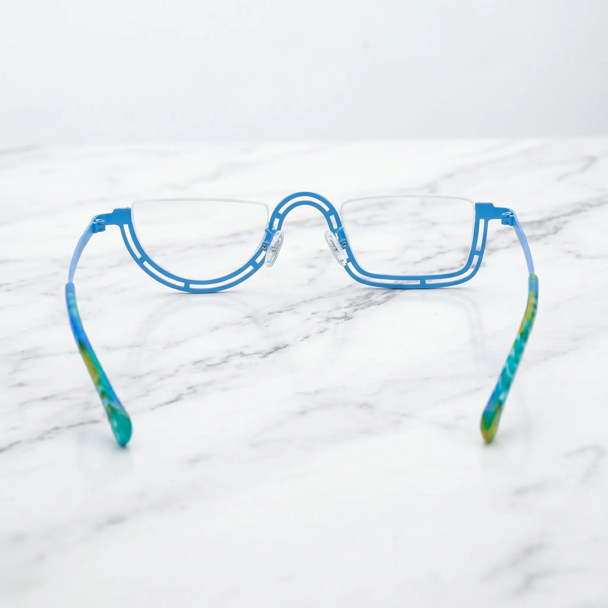 Barledear Ocean Mosaic Blue eyeglasses back view showing temple shape and semi-rim frame structure