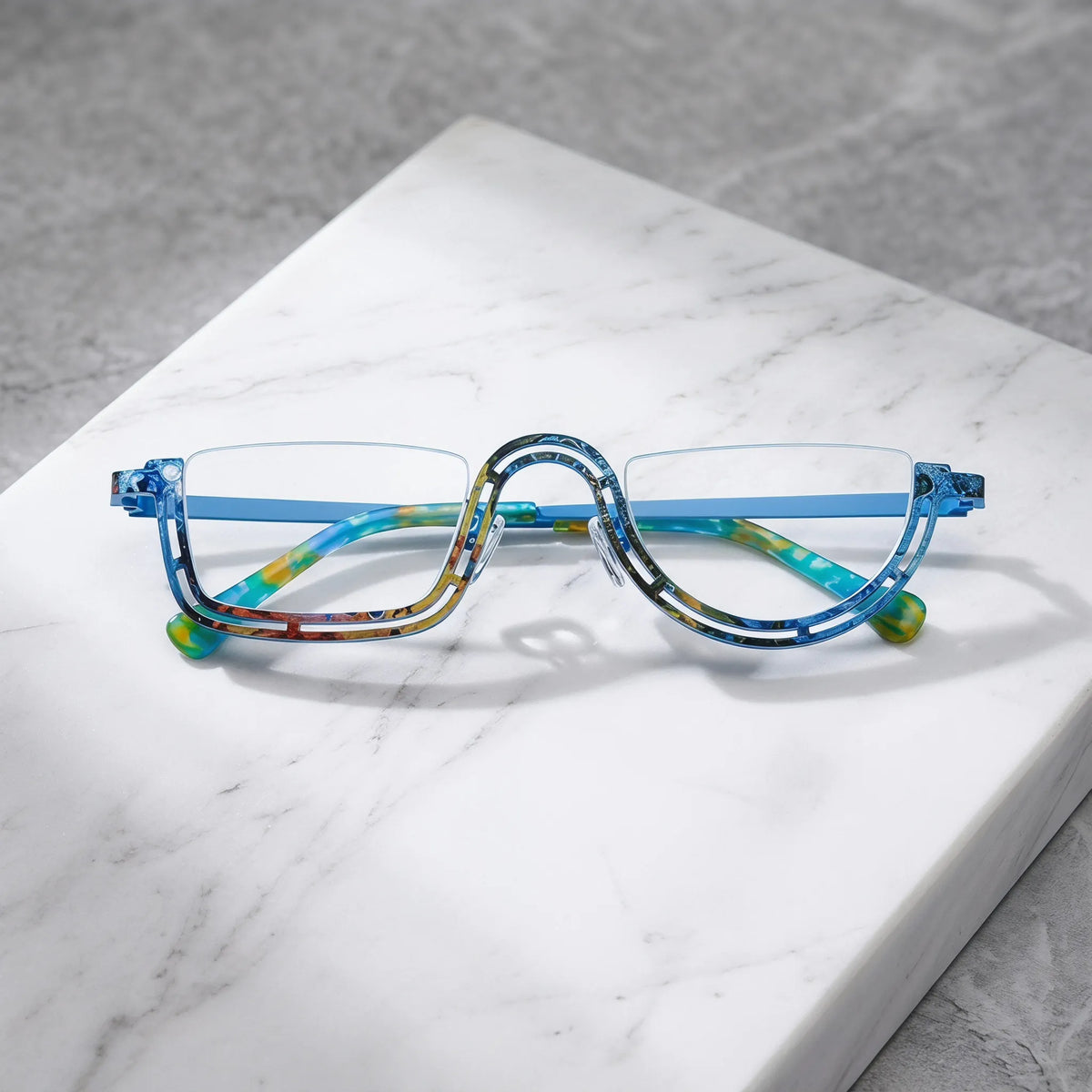 Barledear Ocean Mosaic Blue eyeglasses folded display showing slim temples and artistic frame design