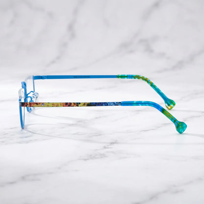 Barledear Ocean Mosaic Blue eyeglasses angled side view showing patterned titanium temples and bridge detail
