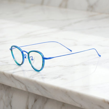 Barledear Ocean Teal eyeglasses angled side view showing slim temples bridge detail and adjustable nose pads