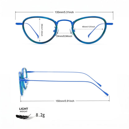 Barledear Ocean Teal eyeglasses size chart with 135mm frame width 46mm lens width 36mm lens height 24mm bridge 150mm temple and 8.2g lightweight design