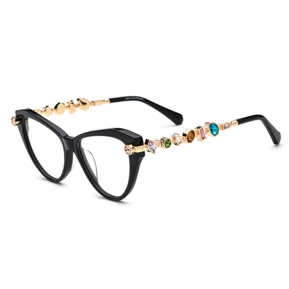 Barledear Onyx Black eyeglasses angled side view highlighting multicolor geometric crystal accents along the gold-tone temples