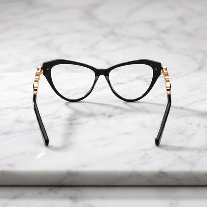 Barledear Onyx Black eyeglasses back view showing the full-rim cat-eye structure, molded nose pads, and smooth black acetate temple tips