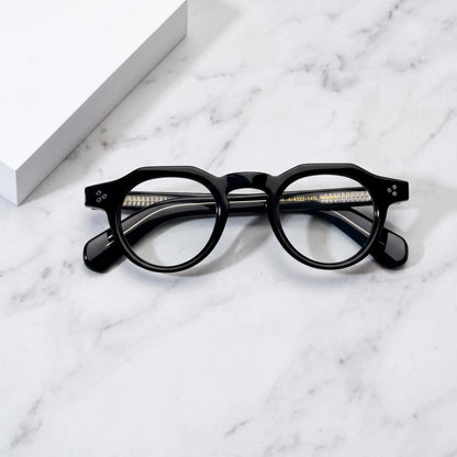 Barledear Onyx Black retro geometric acetate eyeglasses showing solid black temples and reinforced inner temple cores