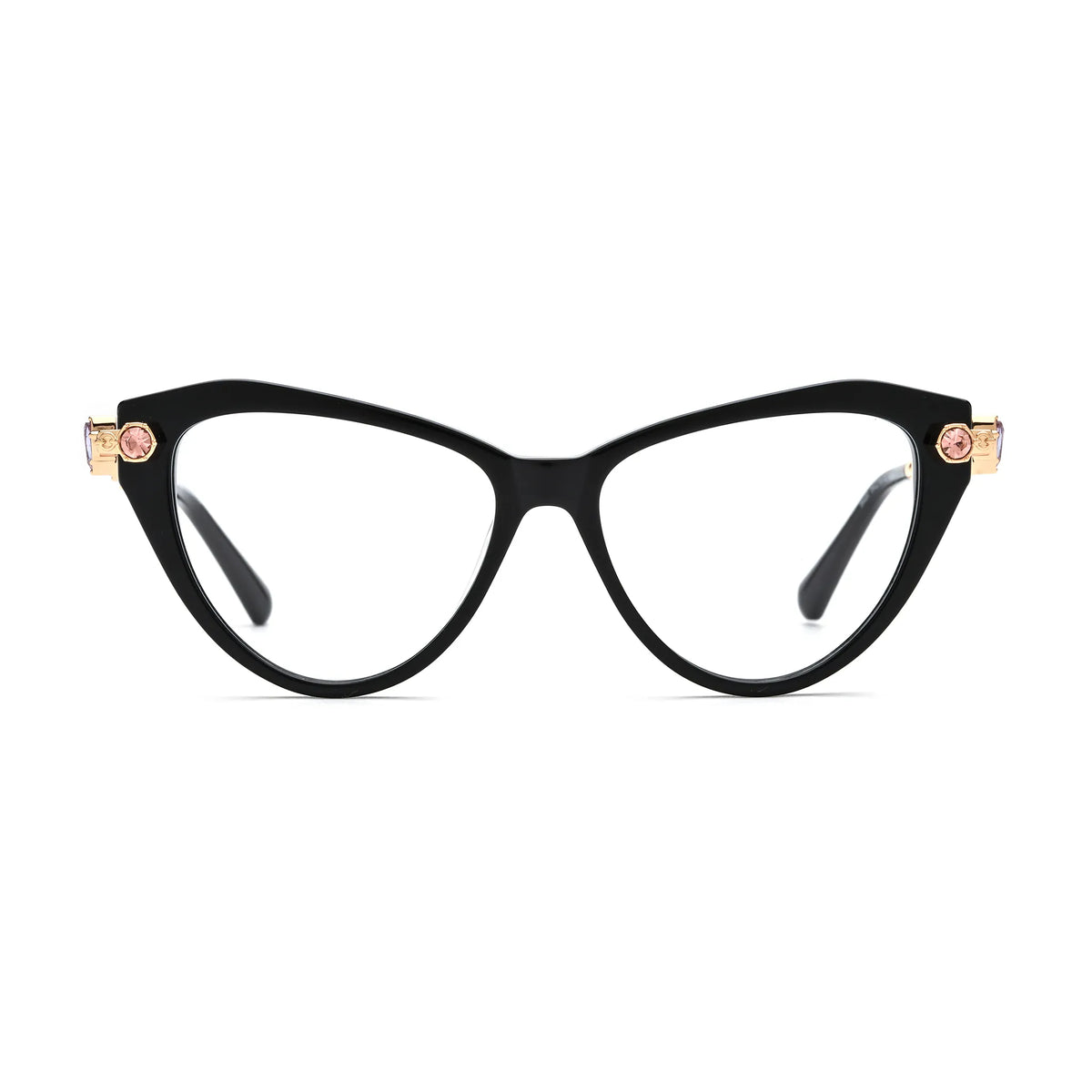 Barledear Onyx Black geometric cat-eye eyeglasses front view with a glossy black acetate frame and gold-tone jeweled temples