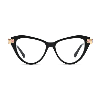 Barledear Onyx Black geometric cat-eye eyeglasses front view with a glossy black acetate frame and gold-tone jeweled temples