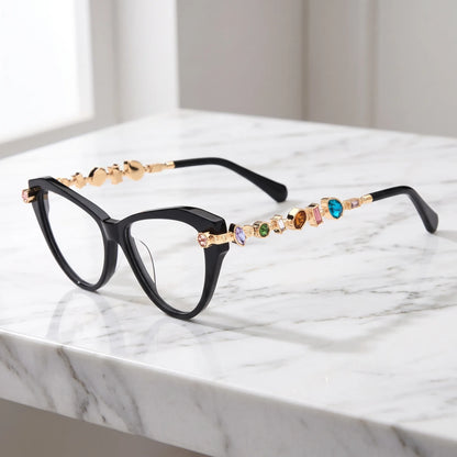 Barledear Onyx Black eyeglasses angled side view highlighting multicolor geometric crystal accents along the gold-tone temples