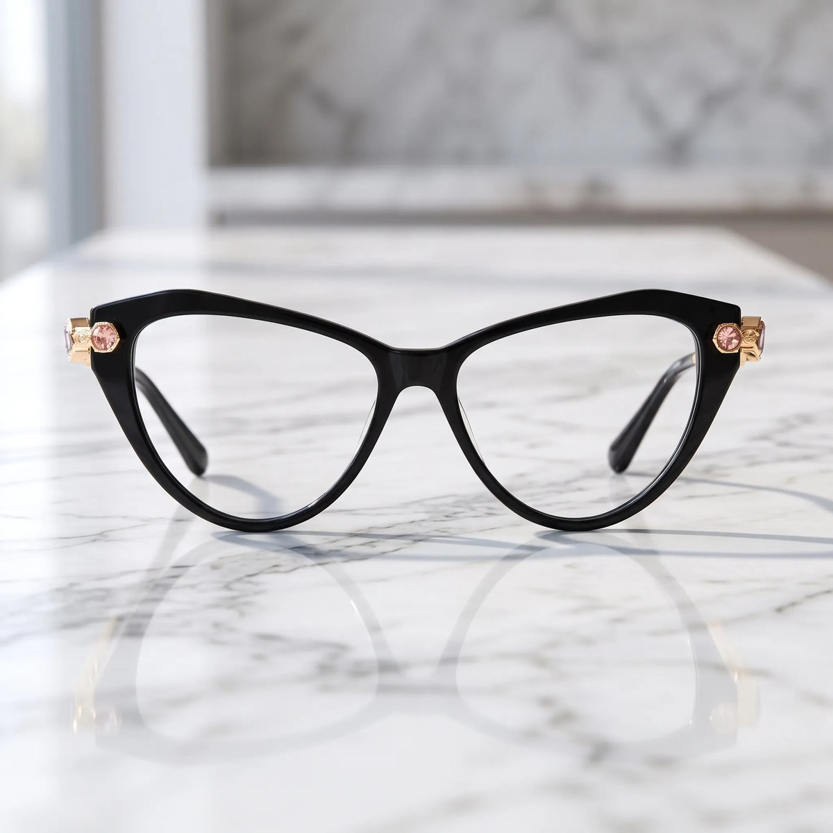 Barledear Onyx Black cat-eye eyeglasses shown in a clean lifestyle front display with multicolor crystal-accent temples