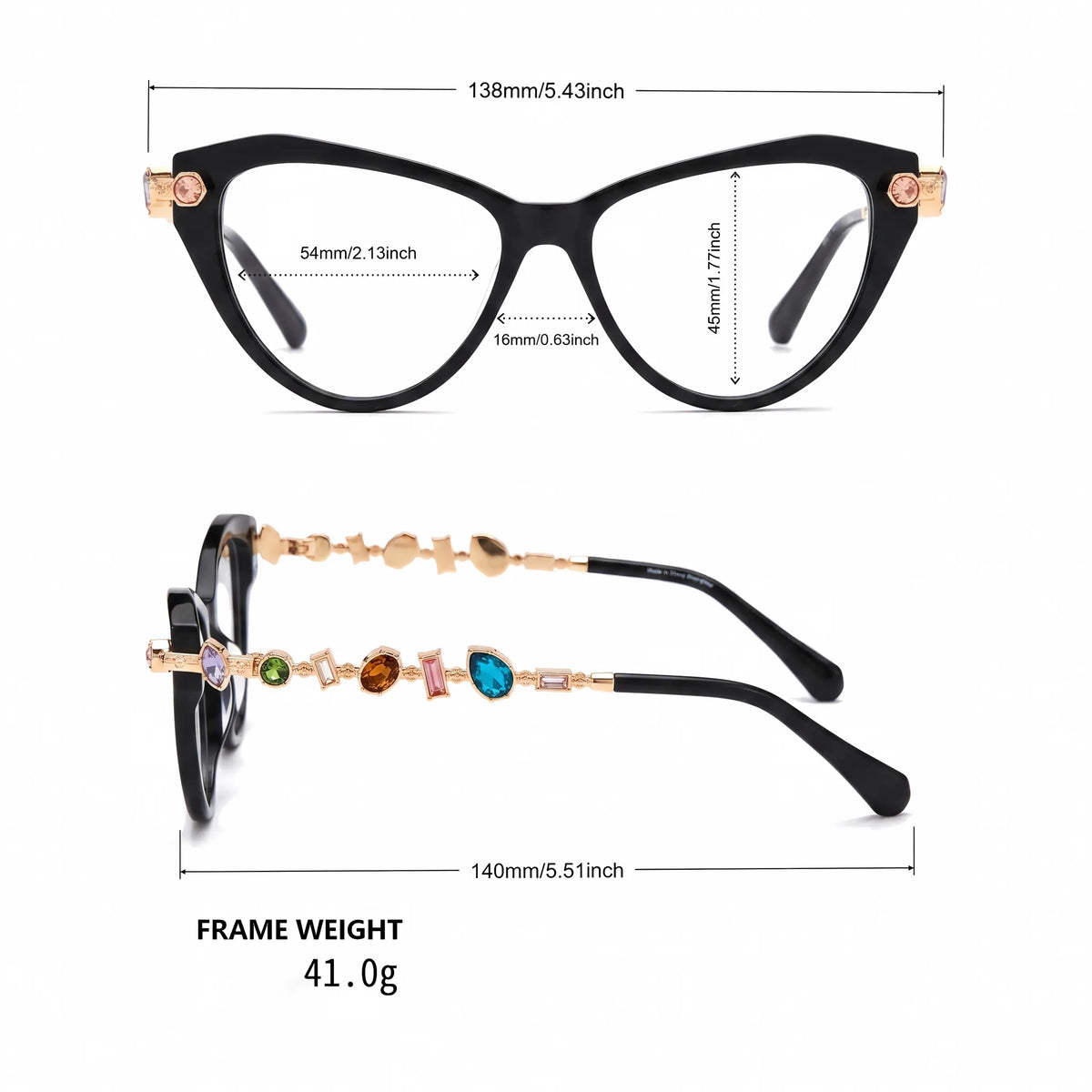 Barledear Onyx Black cat-eye eyeglasses size chart showing 138 mm frame width, 54 mm lens width, 45 mm lens height, 16 mm bridge, and 140 mm temples