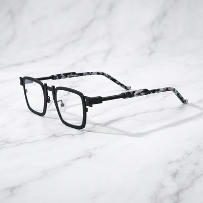Barledear Onyx Smoke Marble eyeglasses angled side view showing slim titanium temples, geometric side joint, and adjustable nose pads