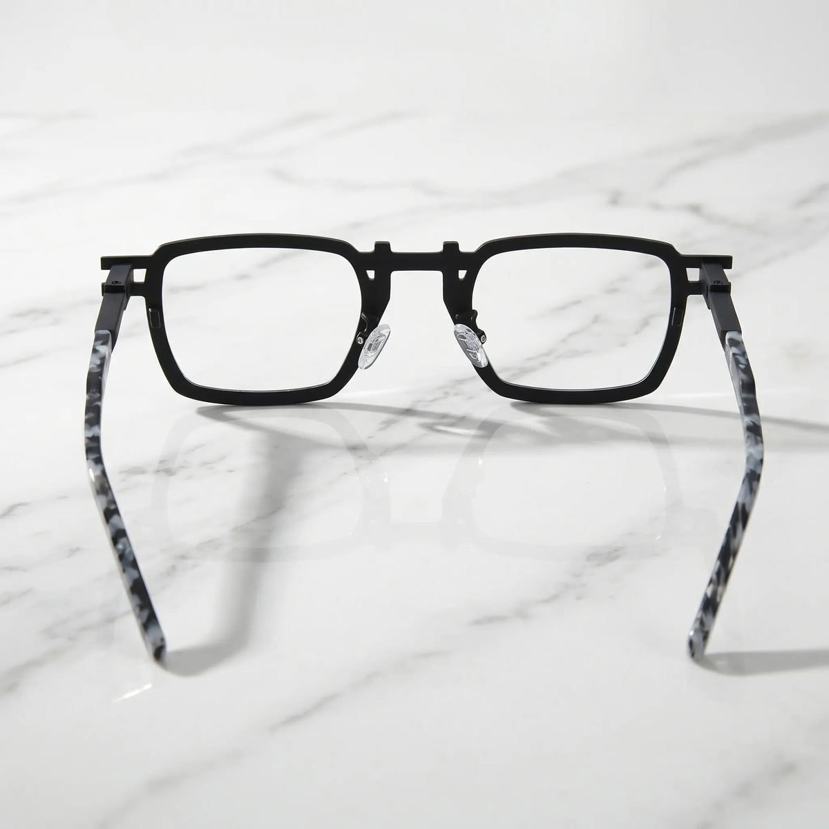 Barledear Onyx Smoke Marble eyeglasses back view showing temple shape, black square frame, and smoke patterned construction