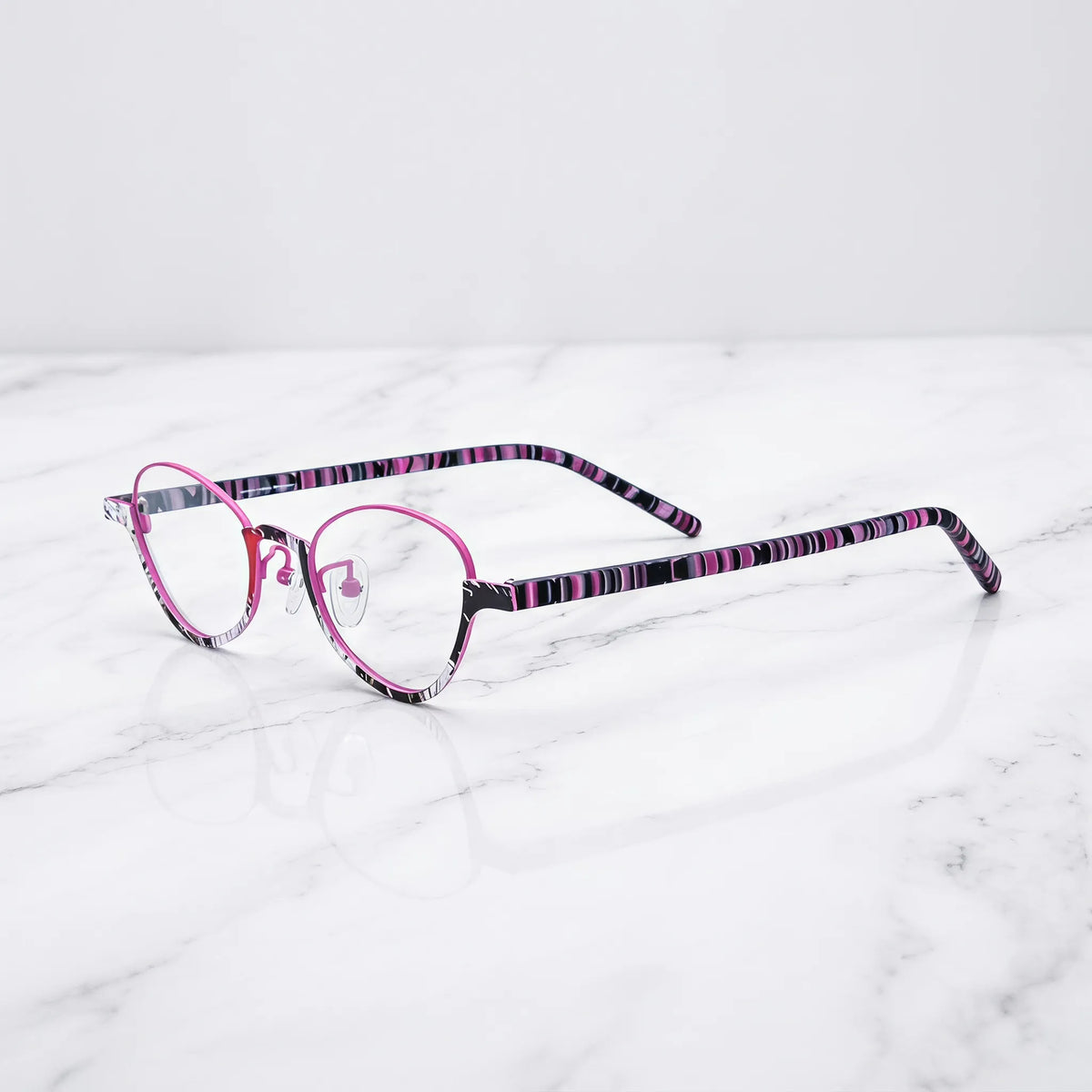 Barledear Orchid Blush eyeglasses angled side view showing slim acetate temples clear nose pads and bridge detail