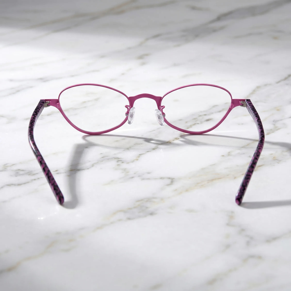 Barledear Orchid Blush eyeglasses back view showing patterned temple arms and lightweight frame structure