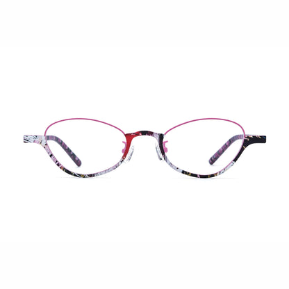 Barledear Orchid Blush oval titanium eyeglasses front view with pink patterned frame and artistic acetate temples