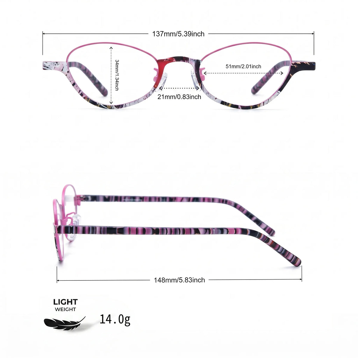 Barledear Orchid Blush eyeglasses size chart with 137 mm frame width 51 mm lens width 34 mm lens height 21 mm bridge and 148 mm temple length
