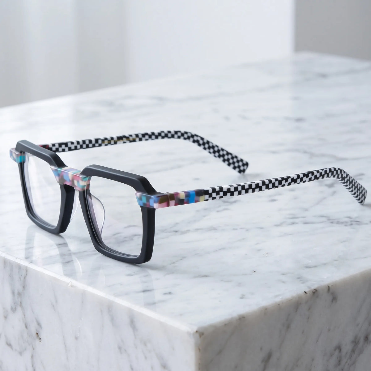 Barledear Pixel Checker Noir square eyeglasses angled side view showing colorful pixel accents and checkerboard temples