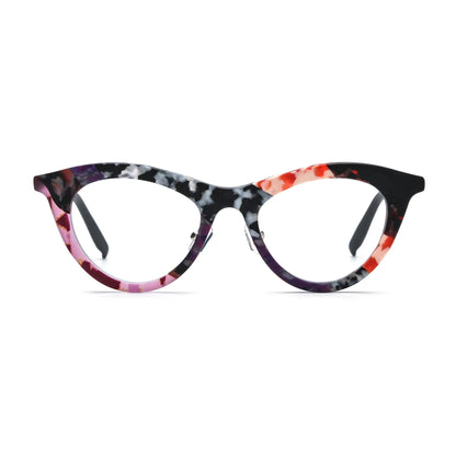 Barledear Plum Ember Mosaic cat-eye acetate eyeglasses front view with purple, black, white, and coral patchwork detailing