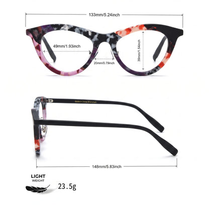 Barledear Plum Ember Mosaic cat-eye eyeglasses size chart showing 133 mm frame width, 49 mm lens width, 39 mm lens height, 20 mm bridge, and 148 mm temples