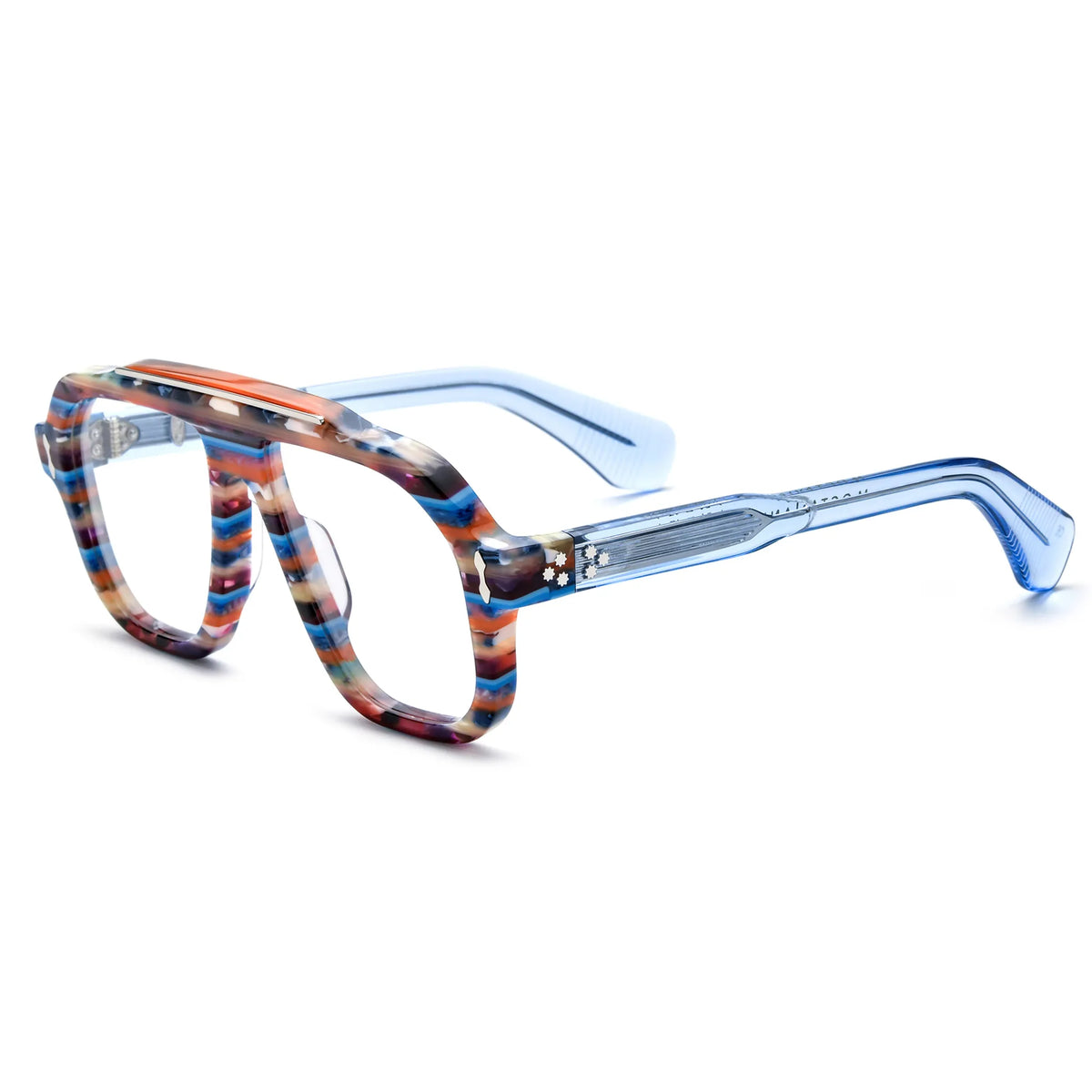 Barledear Prism Blue Mosaic eyeglasses angled side view showing translucent blue temples, silver-tone temple inlays and metal screw hinges