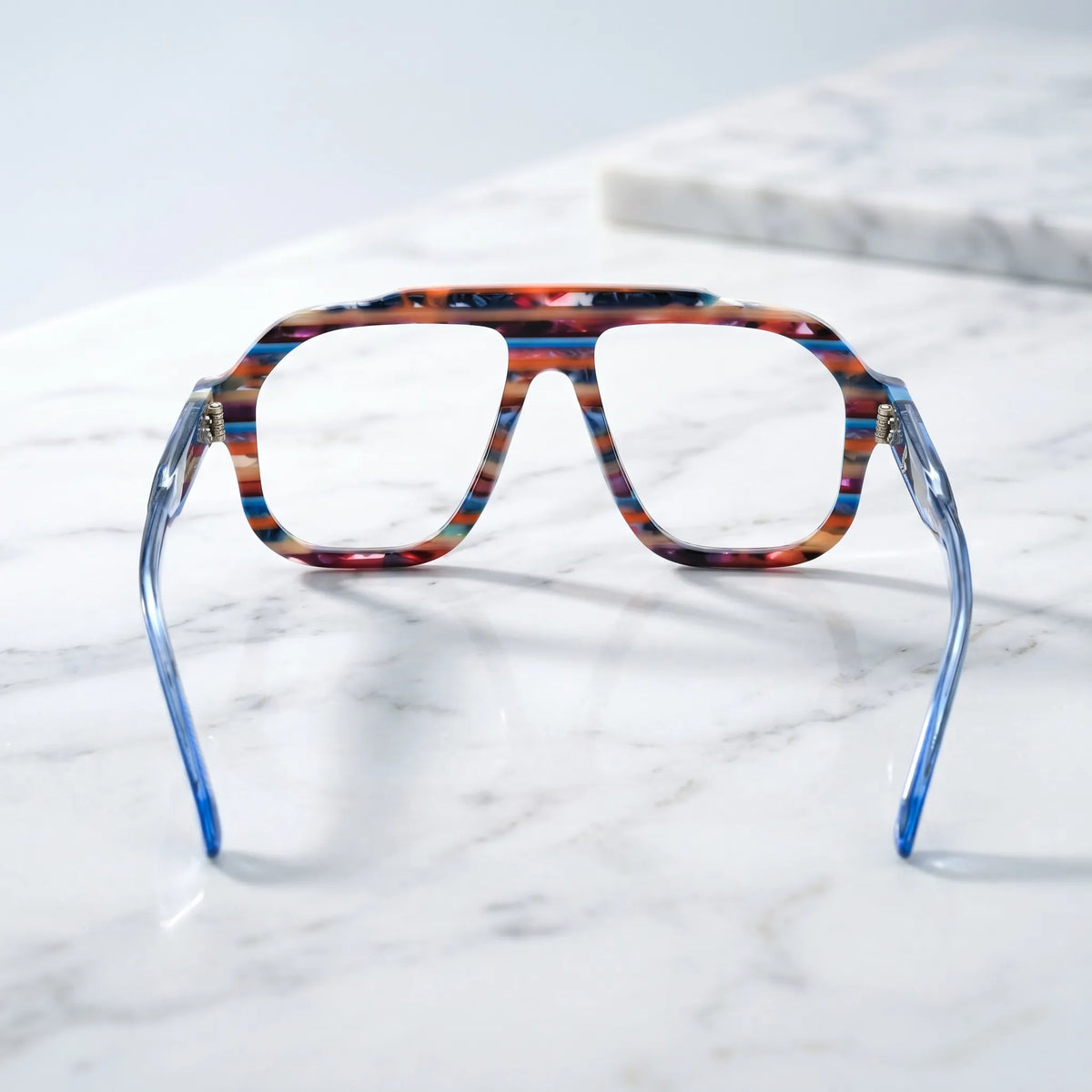 Barledear Prism Blue Mosaic eyeglasses back view showing the full-rim square aviator structure, integrated nose pads and long translucent temples