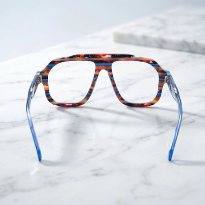 Barledear Prism Blue Mosaic eyeglasses back view showing the full-rim square aviator structure, integrated nose pads and long translucent temples