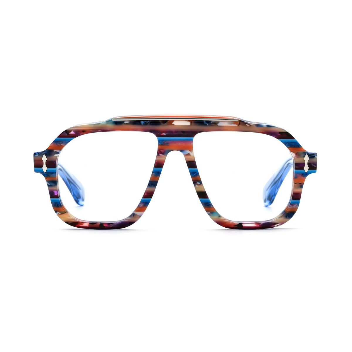 Barledear Prism Blue Mosaic square aviator acetate eyeglasses front view with blue red orange and cream striped frame and silver-tone brow bar